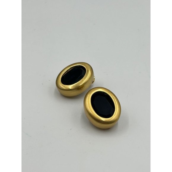 Signed CAROLEE Black Glass Matte Gold Tone Clips Statement Earrings Oval Shaped - Picture 6 of 9
